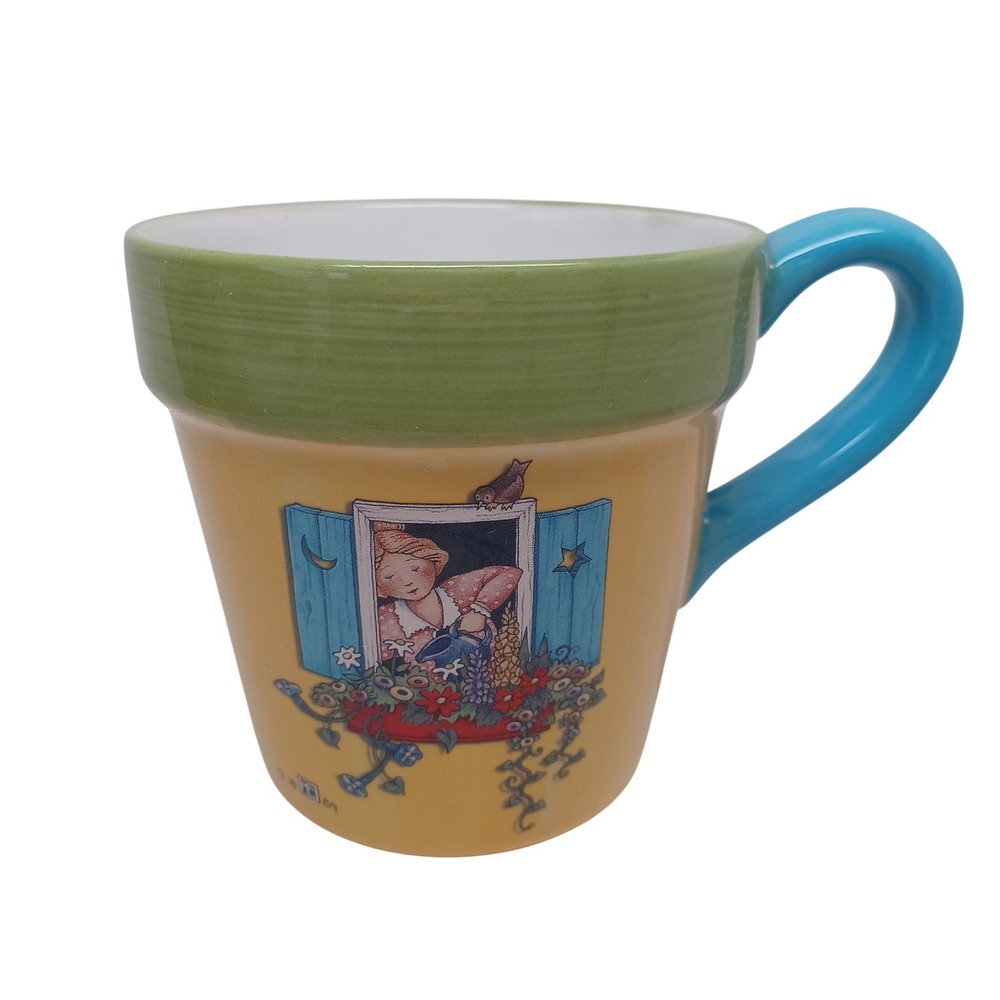 Vintage 1999 Mary Engelbreit Teleflora Flower Pot Ceramic Mug Yellow Green Blue